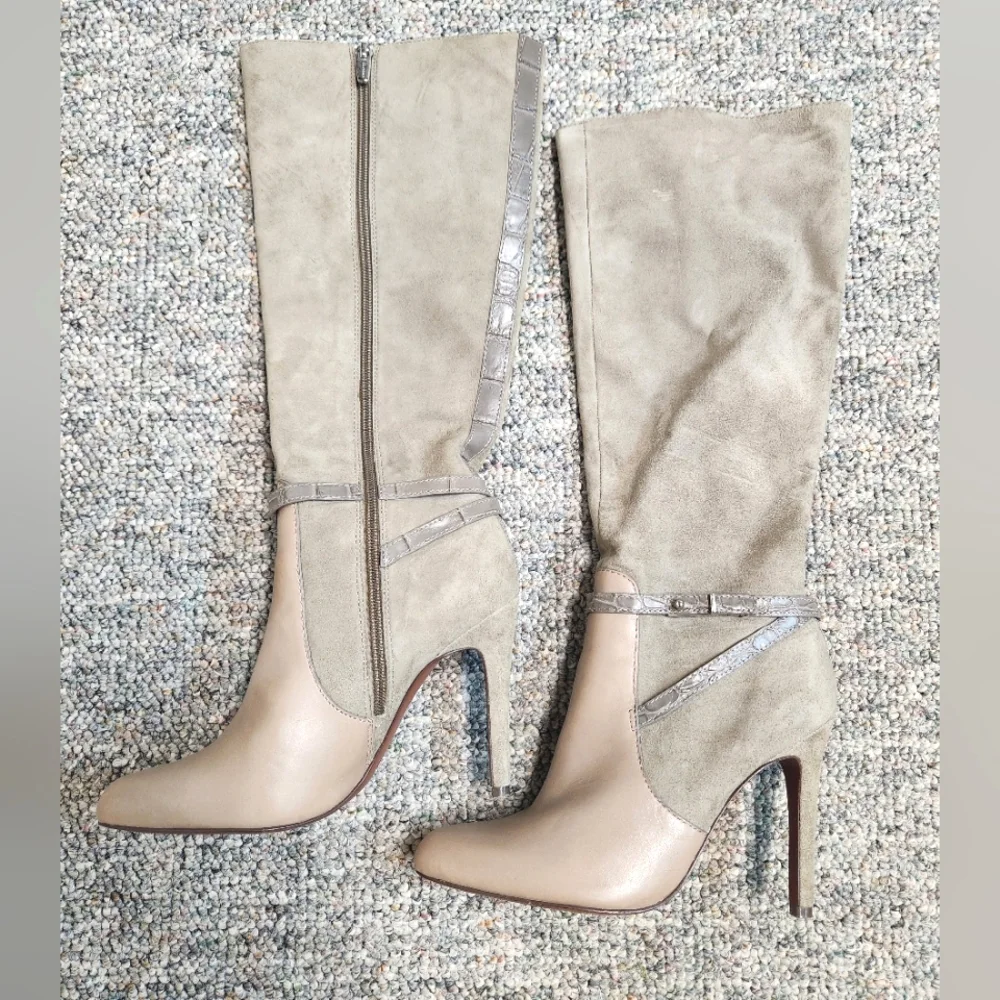 Coach Ursala Knee High Heeled Suede/ Leather Boot Light Beige/Taupe 7 - Picture 3 of 10